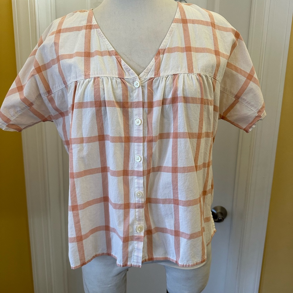Madewell Peach and White Plaid Button-Front Short Sleeve Top